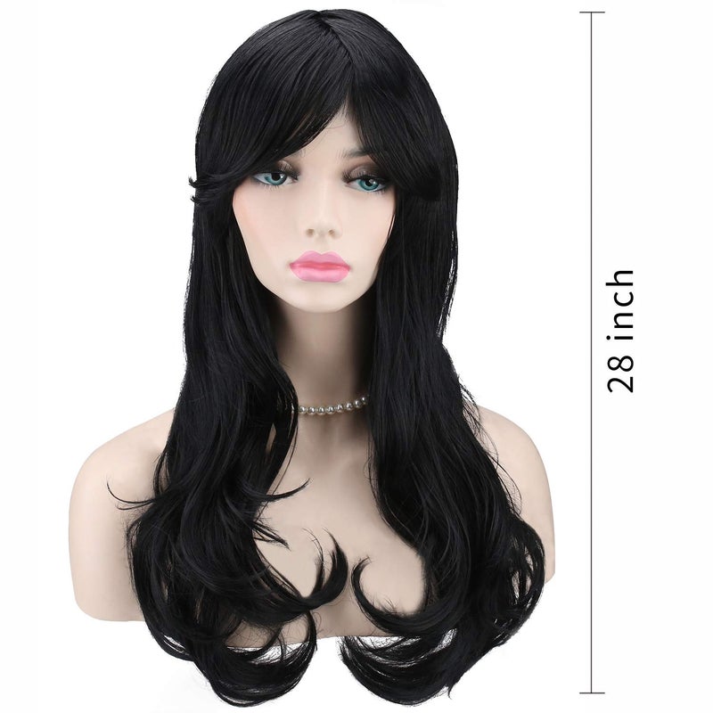 Akstore 28 inch Fashion Wigs Long Wavy Curly Hair Cosplay Wig & Wig Cap (Black) - Image 2